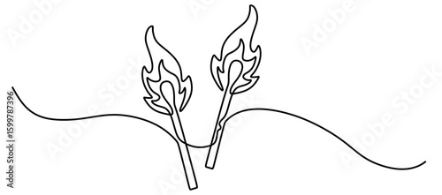 Continuous line art of a wooden match with a burning flame. Vector illustration of a match with a transparent background.