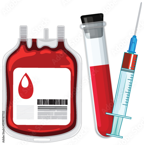 Blood Bag, Test Tube, and Syringe Medical Vector Illustration