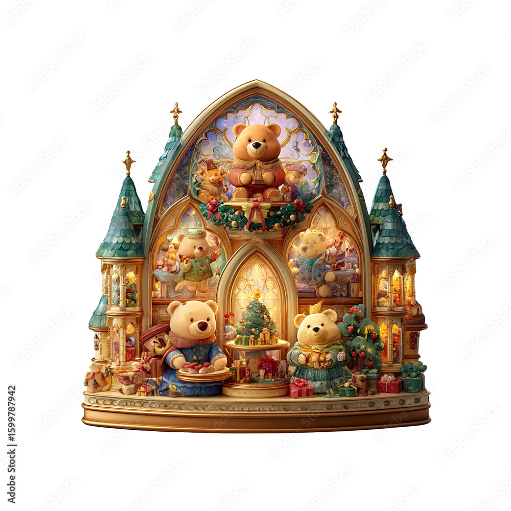 Fototapeta premium Enchanting Christmas Teddy Bear Village in Gothic Cathedral Setting