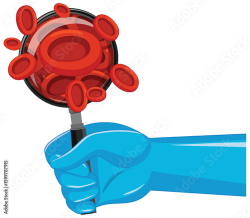 Blue Gloved Hand Examining Red Blood Cells with Magnifier
