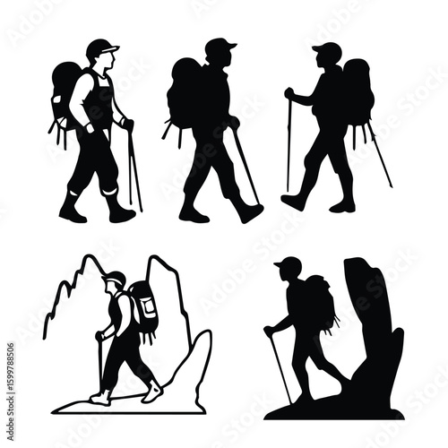 Hikers in various poses with backpacks and trekking poles against mountain backgrounds. Active outdoorsmen and women on a hike. Recreational hikers in a mountainous location -