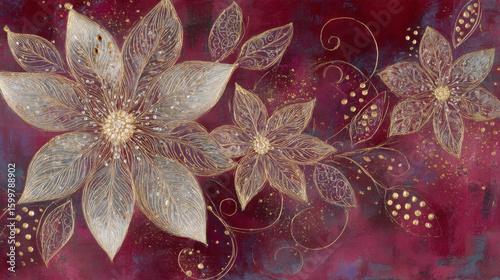 starburst shapes and gold dust swirls layered on rich crimson abstract backdrop