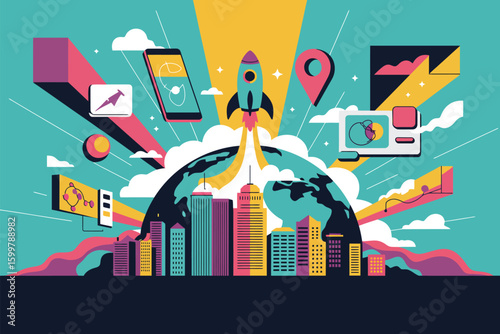 Illustration of a rocket launching from a city on earth with digital icons and colorful rays