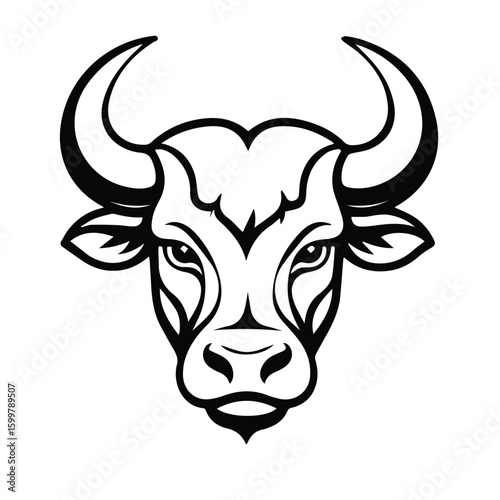 Black and white illustration of a bull's head, in a simplified, stylized, and decorative design. Intricate details and bold lines create a powerful and commanding graphic.