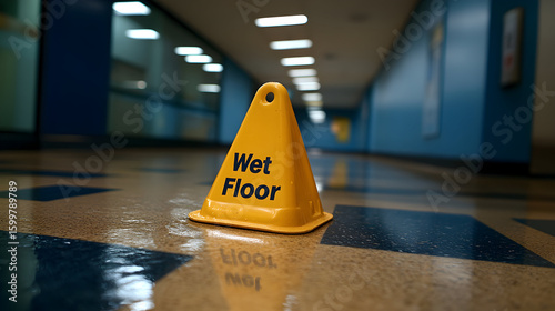 Yellow wet floor cone on a polished floor in a corridor.