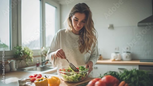 A young woman enjoying a fresh salad bowl in a minimalist kitchen with natural sunlight 