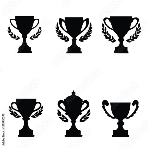 Black silhouette trophies with laurel wreaths in a simple design. Trophy silhouettes set against a plain white background.