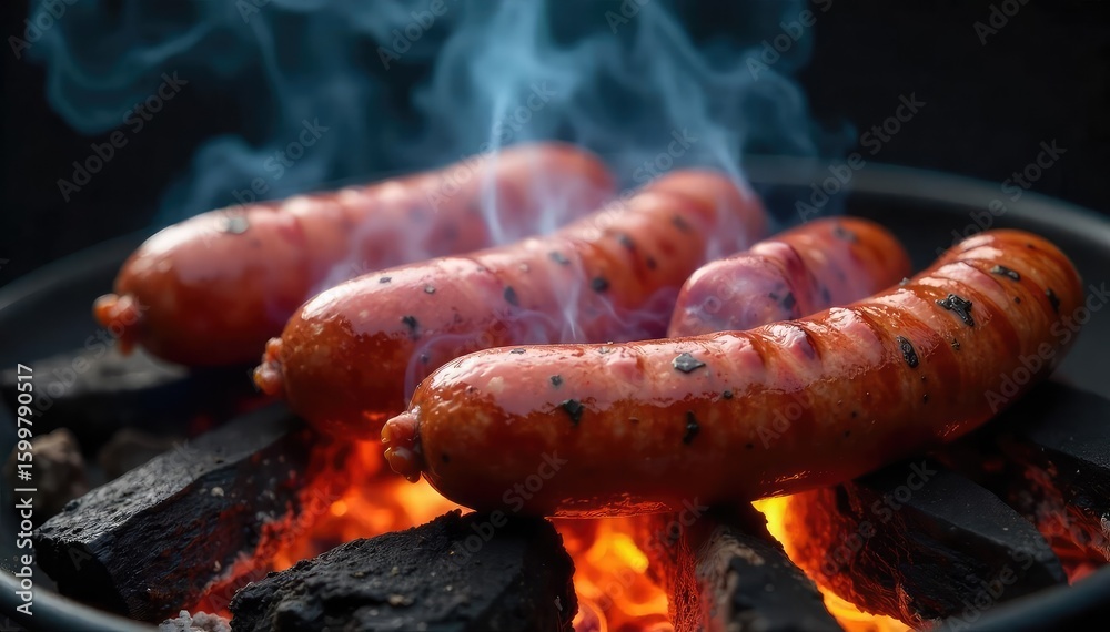 Fototapeta premium Close-up of artisanal sausages smoking gently over smoldering wood chips, creating a delicious aroma The smoke curls lazily upwards, highlighting the rich color of the meat , smoked food, brown