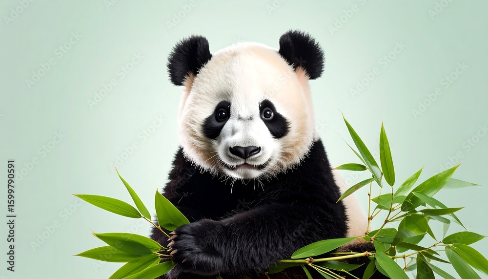 Fototapeta premium Panda cub, front view, with bamboo