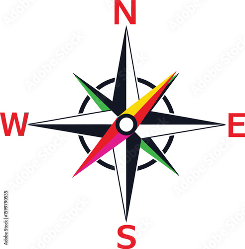 Vibrant compass rose illustration points north, south, east, and west, offering a colorful navigational symbol for direction, exploration, and cartography projects.