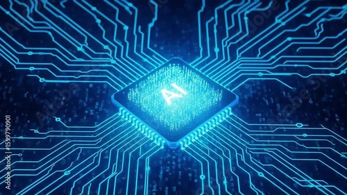  Ai chip advanced technology Microprocessor Connecting with Motherboard and pc system AI on chip glowing energy lines ai cpu gpu circuit board technology video blue circuit board
