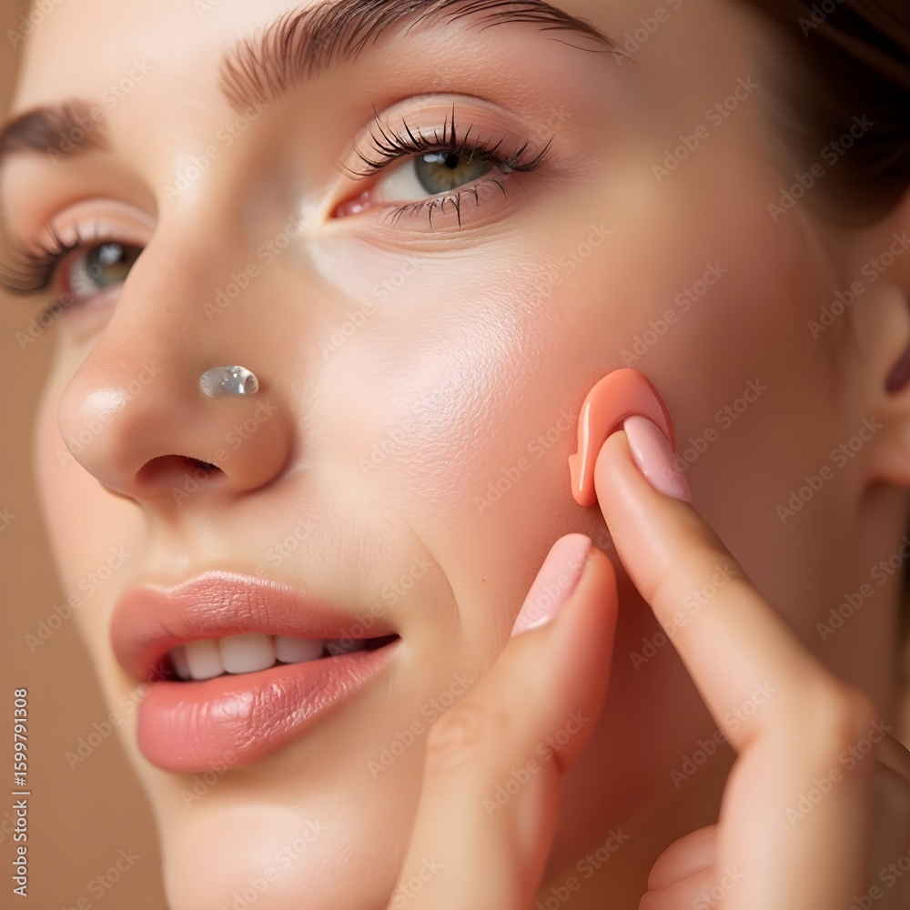 Obraz premium Woman Applying Liquid Blush or Tint with Finger