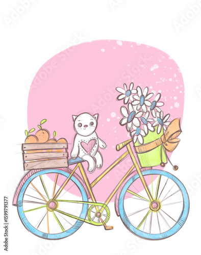 White with heart on bicycle with flowers and fruits – whimsical Illustration