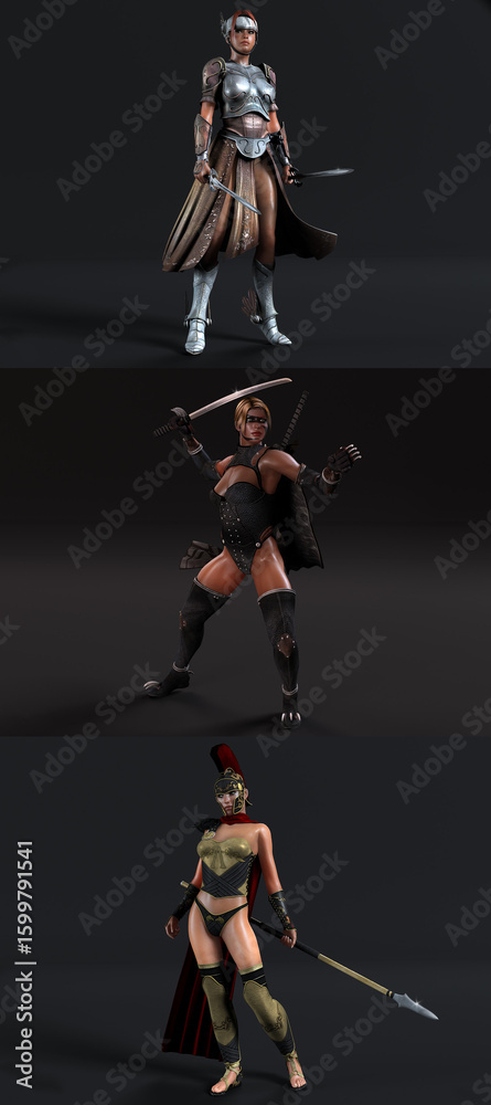 Three female warriors in armor, each showcasing unique weapons and battle attire. Three female warriors in armor, each showcasing unique weapons and battle attire.