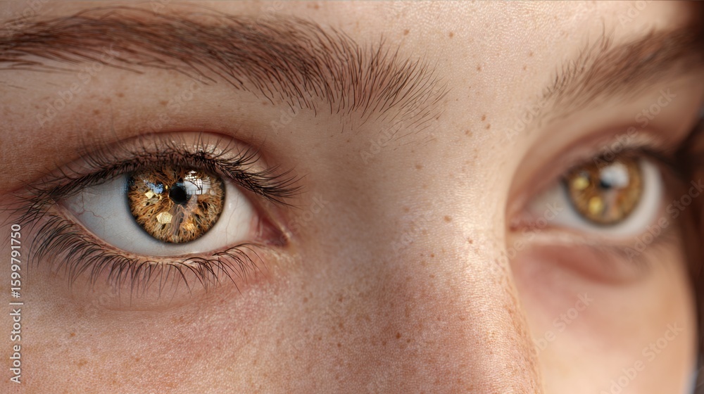 Fototapeta premium Golden Gaze: A close-up shot showcases a pair of mesmerizing eyes with a golden hue. The intricate details of the iris and surrounding skin tell a story of both beauty and introspection.