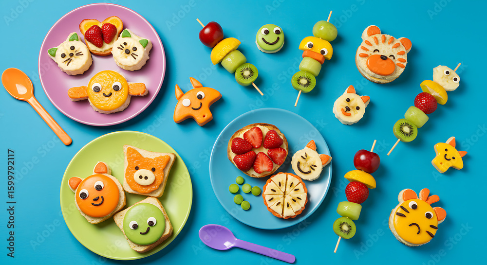 Fototapeta premium Playful and colorful kids' meals featuring animal-shaped sandwiches, fruit skewers, and fun snacks, arranged on a cheerful background to promote healthy eating in a joyful and creative way.