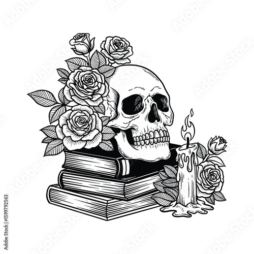 Skull with Books and Flowers, Candle and Skeleton Head Line Art