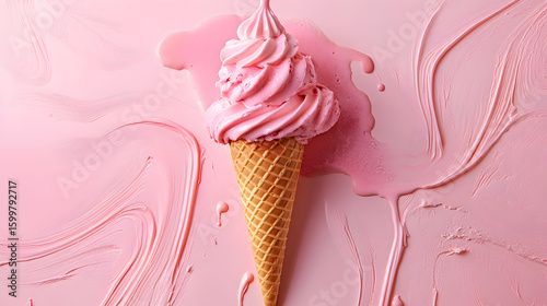 Pink ice cream cone melting on a matching pink surface.