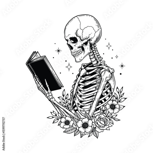 Skeleton Reading Book, Gothic Floral Skeleton, Spooky Book Lover, Skull Reading Art
