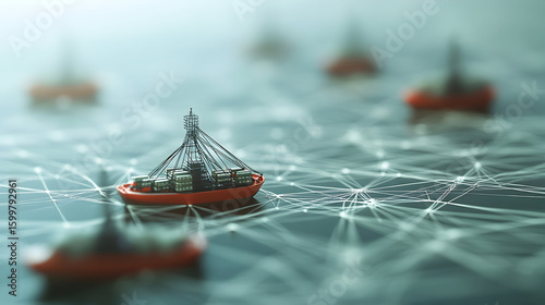 Small orange boats connected by a network possibly on water or a surface.