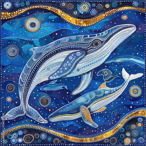 Australian Aboriginal dot painting art dreaming of whales in the blue ocean.