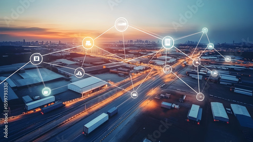 Aerial view of a logistics hub with connected digital network overlay at sunset.
