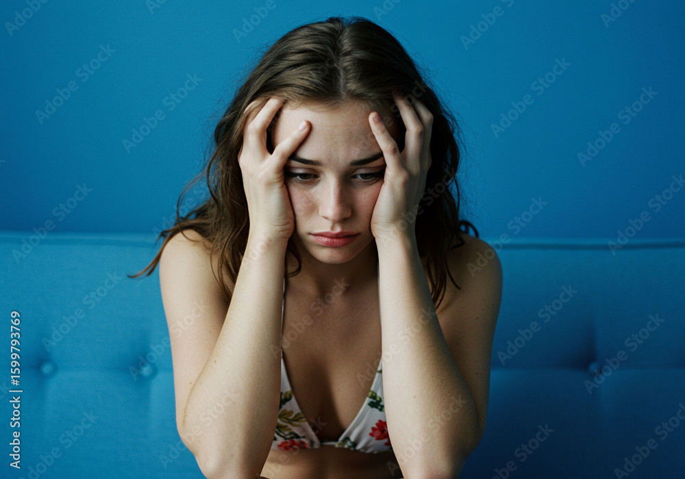 Obraz premium Young Woman Expressing Sadness Indoors – Emotional Portrait in Room Setting 