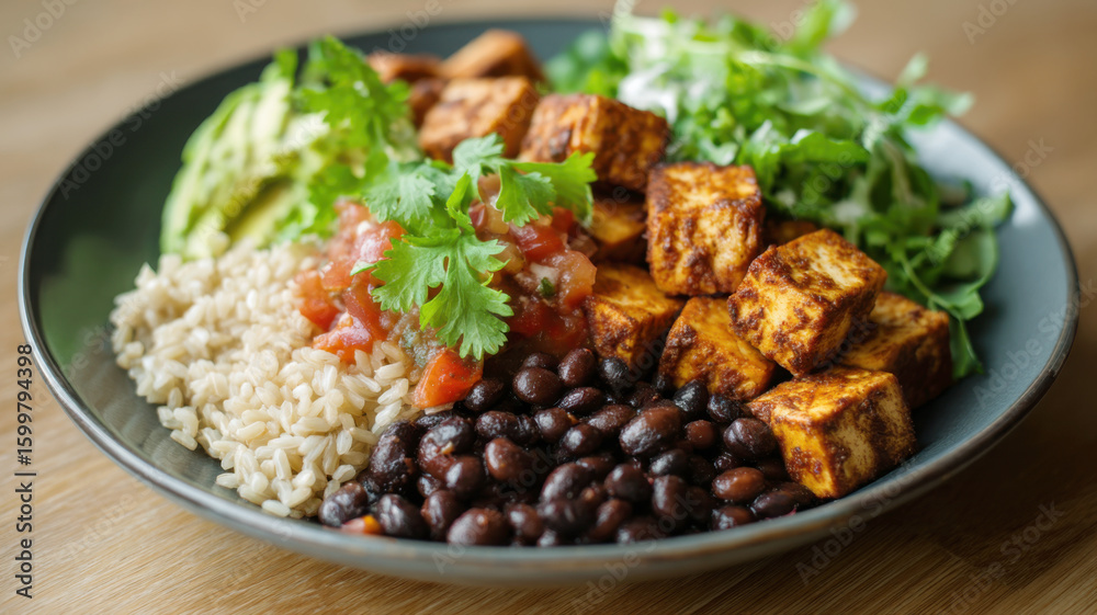 Healthy, high fiber, vegetarian recipes. A vibrant vegan bowl featuring seasoned tofu, black beans, brown rice, avocado, salsa, and fresh cilantro on a dark plate. Healthy, high fiber, vegetarian recipes. A vibrant vegan bowl featuring seasoned tofu, black beans, brown rice, avocado, salsa, and fresh cilantro on a dark plate.