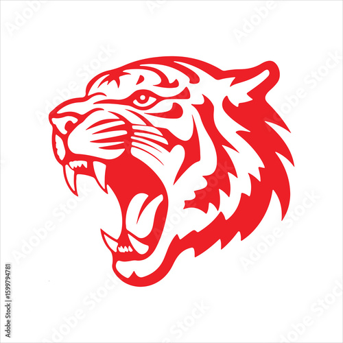 Fierce red tiger head roaring with open mouth and sharp teeth