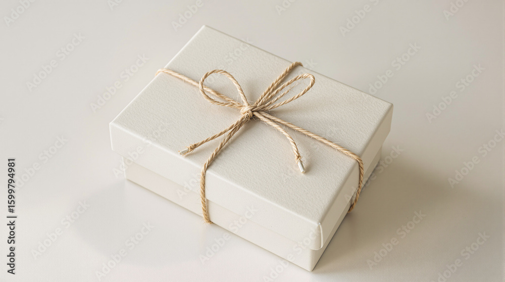 Fototapeta premium A simple, off-white rectangular gift box sits on a light surface, tied with a beige twine bow. The box is subtly shadowed, creating a minimalist aesthetic