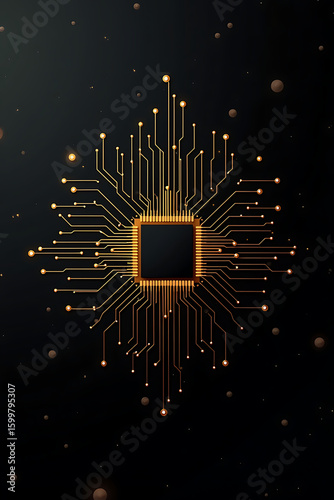 A stylized graphic depicts a central square processor with radiating golden circuit pathways.