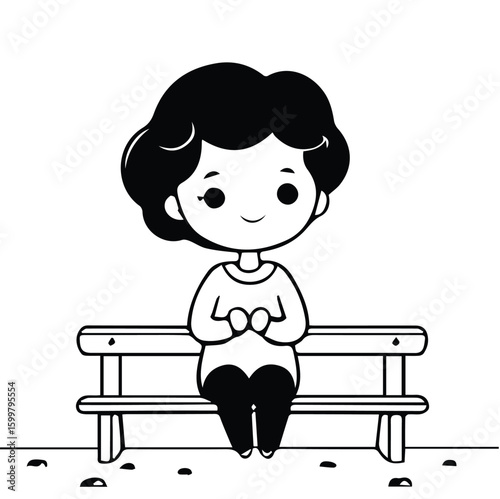 A female cartoon character, middle-aged, sitting on a park bench, thoughtful pose. Relaxed adult woman, park setting, contemplative expression.
