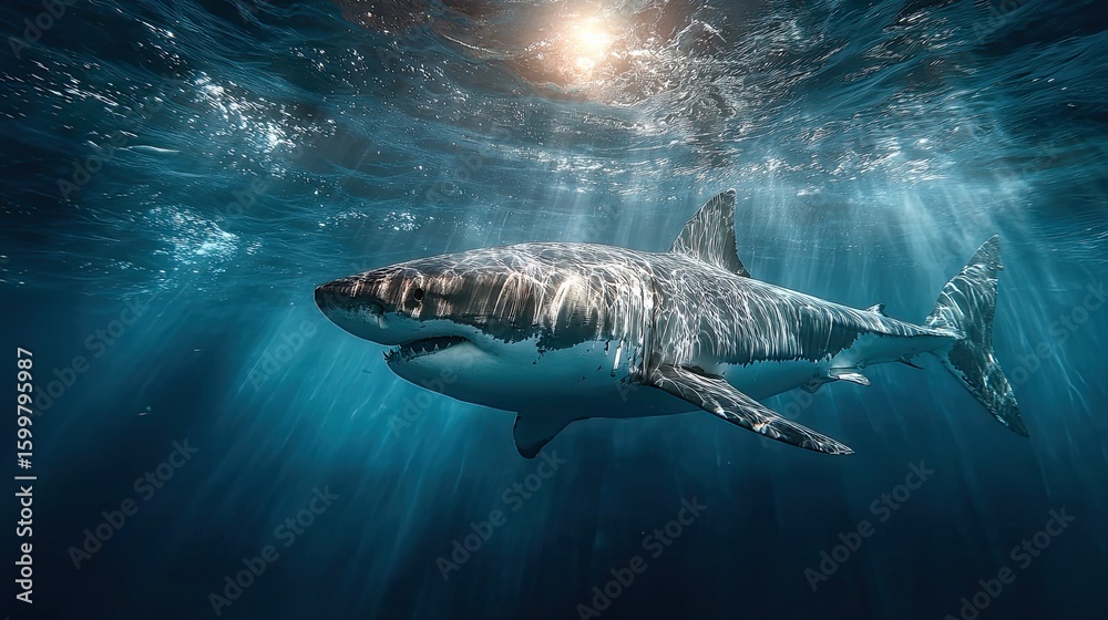 Fototapeta premium Shark gliding through ocean rays, marine wildlife, underwater nature scene, sea predator, aquatic environment