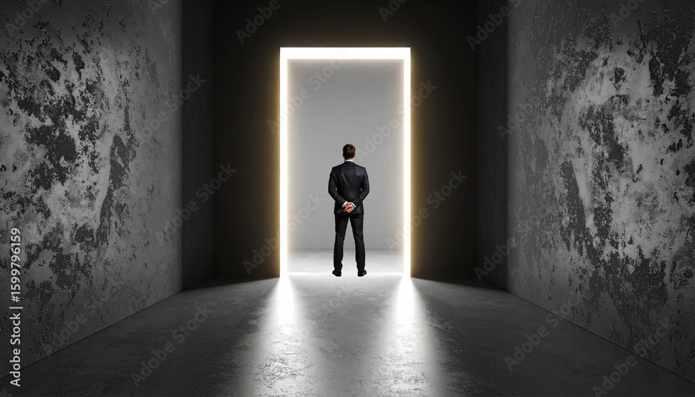 Obraz premium Businessman standing at the entrance to the light. Business concept about success and ambition.