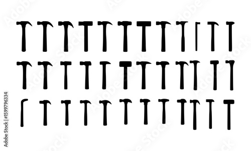 A diverse collection of black hammer silhouettes. Set of various construction and carpentry tool icons isolated on a white background.