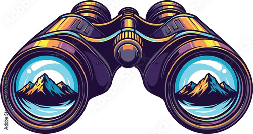 An illustration showcases binoculars with a mountain landscape reflected in the lenses, rendered in a vibrant, stylized vector art style, perfect for adventure and exploration themes.