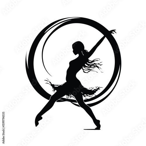 Young woman in elegant dance attire performing a dynamic leap within a circular design. Female dancer in graceful mid-air pose with a ring-like background.