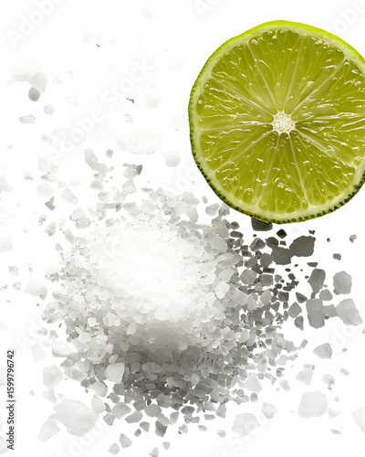 Lime wedge and coarse sea salt on black background
