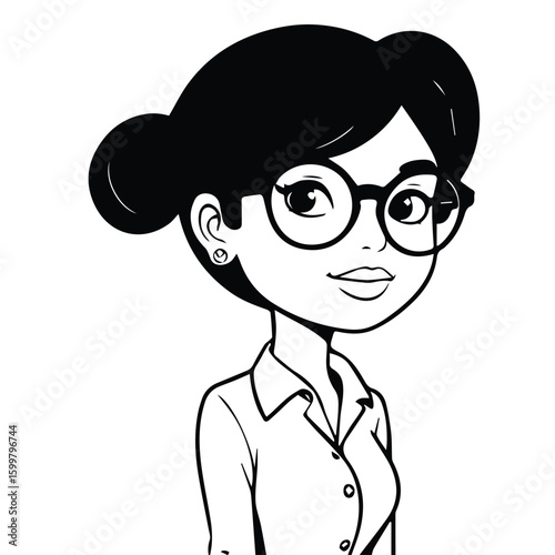 Young woman in business attire, with glasses and updo, in a professional setting. A confident and approachable pose, in a clear white background.