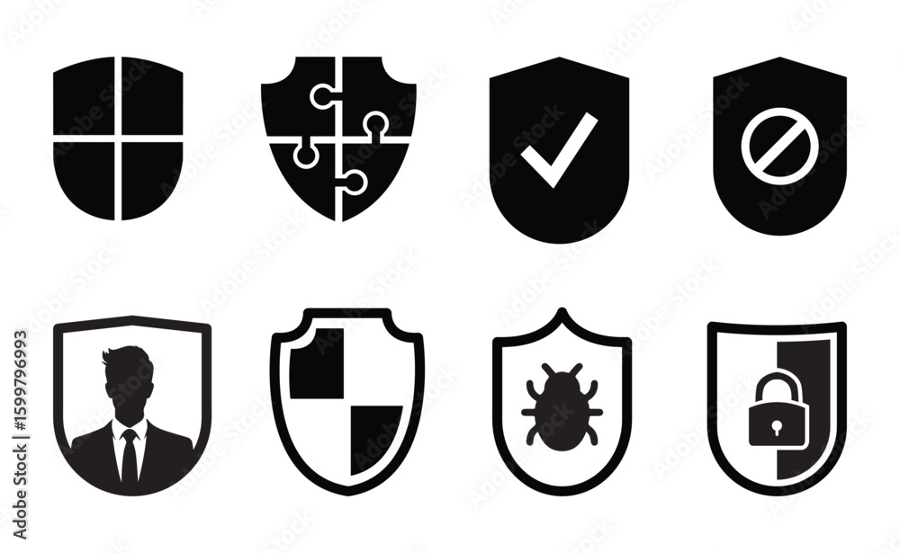 Antivirus Security School Badge Shield set collection pack black icon silhouette vector flat illustration design on white background Antivirus Security School Badge Shield set collection pack black icon silhouette vector flat illustration design on white background