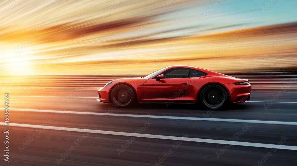 Red sports car speeding on highway at sunset. (2) Red sports car speeding on highway at sunset. (2)