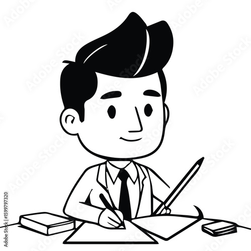 Young man in business attire writing at a desk in an office setting. Focused and engaged in work. Professional man in an office environment.