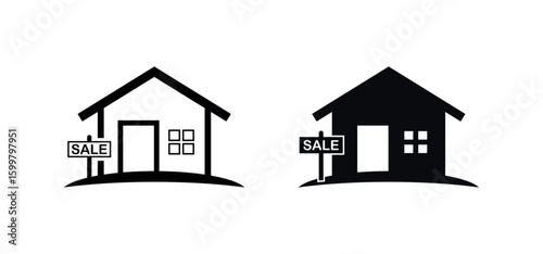 Property Listing House Silhouette Featuring Yard Sale Sign. Black and White Real Estate Icon Set for Marketing and Web Graphics