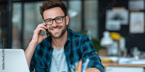Porträt eines jungen, lächelnden, fröhlichen Geschäftsmannes in einem ungezwungenen Büro, der telefoniert, während er mit einem Laptop arbeitet