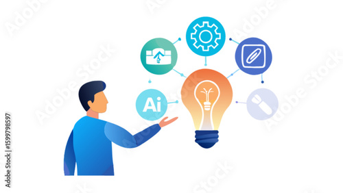 Man presenting a lightbulb with ai and other icons representing innovation and technology concept idea