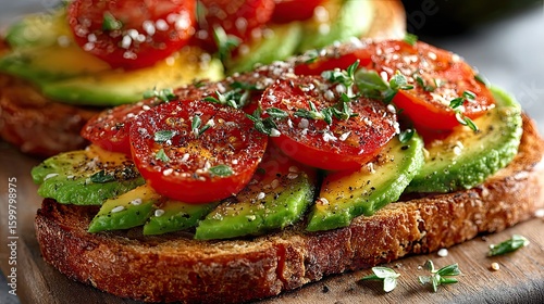 Sunny toast topped with avocado slices and tomato on clean surface perfect for healthy breakfast and food styling