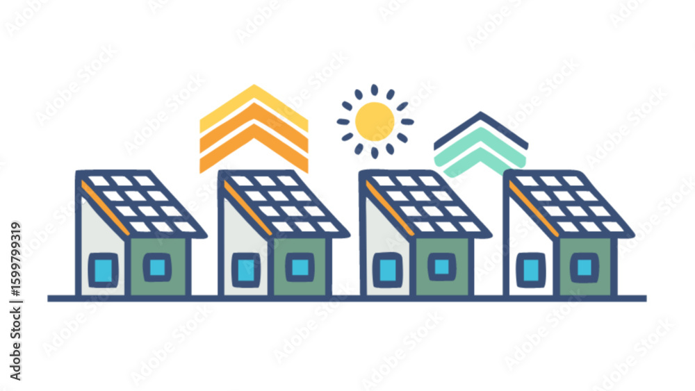 Illustration of four houses with solar panels and sun with arrows above them in a row