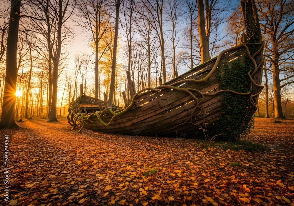 Obraz premium Decaying Wooden Ship Surrounded by Autumn Leaves