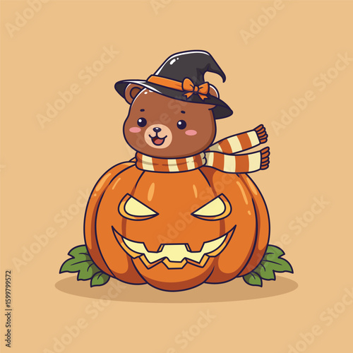 Cute Bear in a Pumpkin Halloween Costume. vector illustration