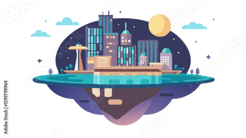 Illustration of a floating island with a futuristic city skyline under a night sky with a full moon